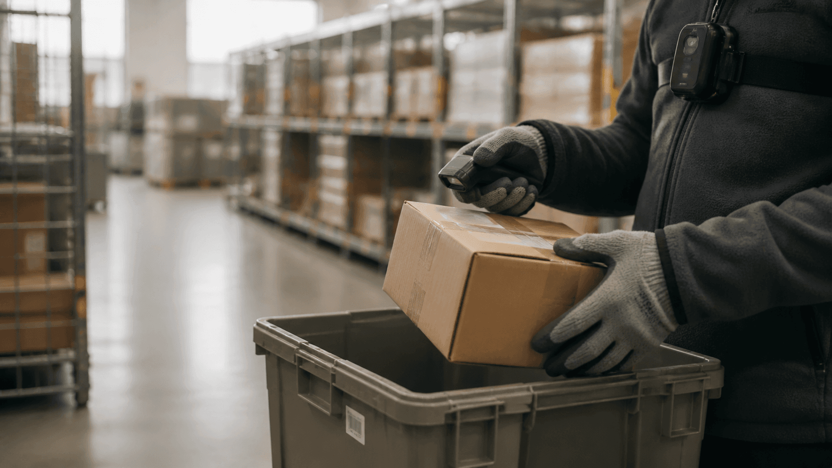 A worker handling a parcel in a warehouse